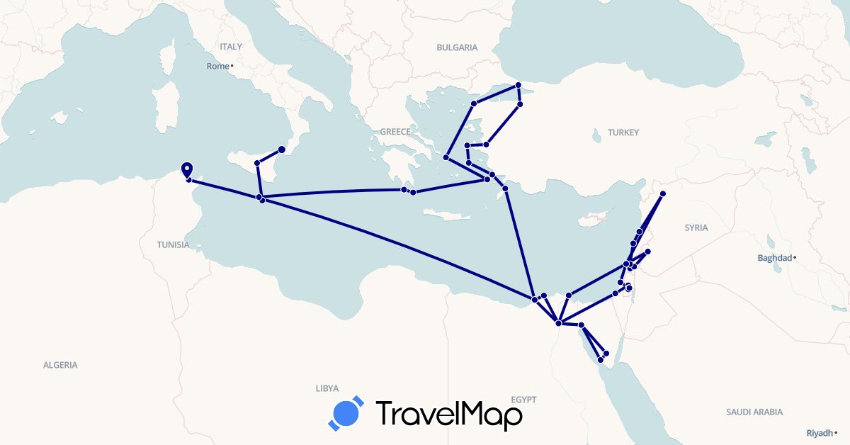 TravelMap itinerary: driving in Egypt, Greece, Israel, Italy, Lebanon, Malta, Palestinian Territories, Syria, Tunisia, Turkey (Africa, Asia, Europe)