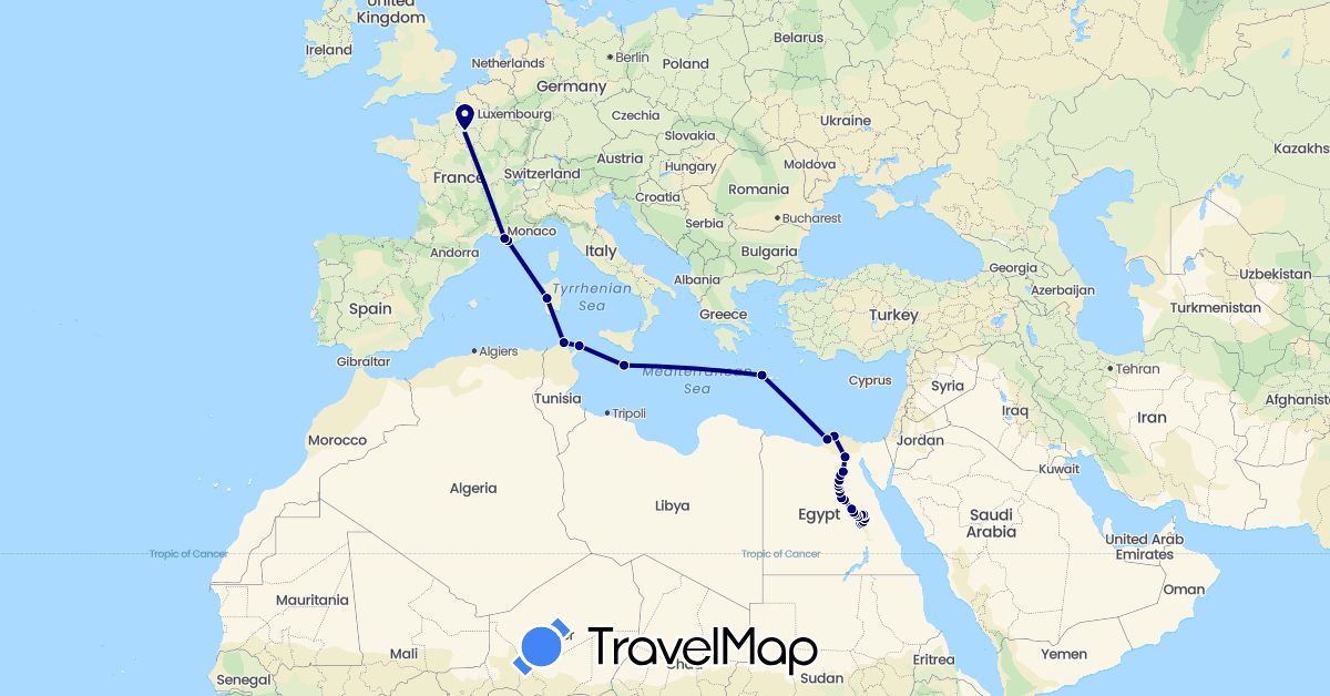 TravelMap itinerary: driving in Egypt, France, Greece, Italy, Malta, Tunisia (Africa, Europe)