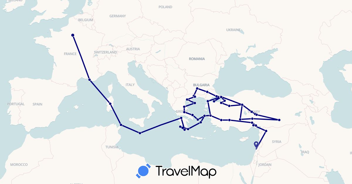 TravelMap itinerary: driving in Bulgaria, France, Greece, Italy, Lebanon, Malta, Syria, Tunisia, Turkey (Africa, Asia, Europe)