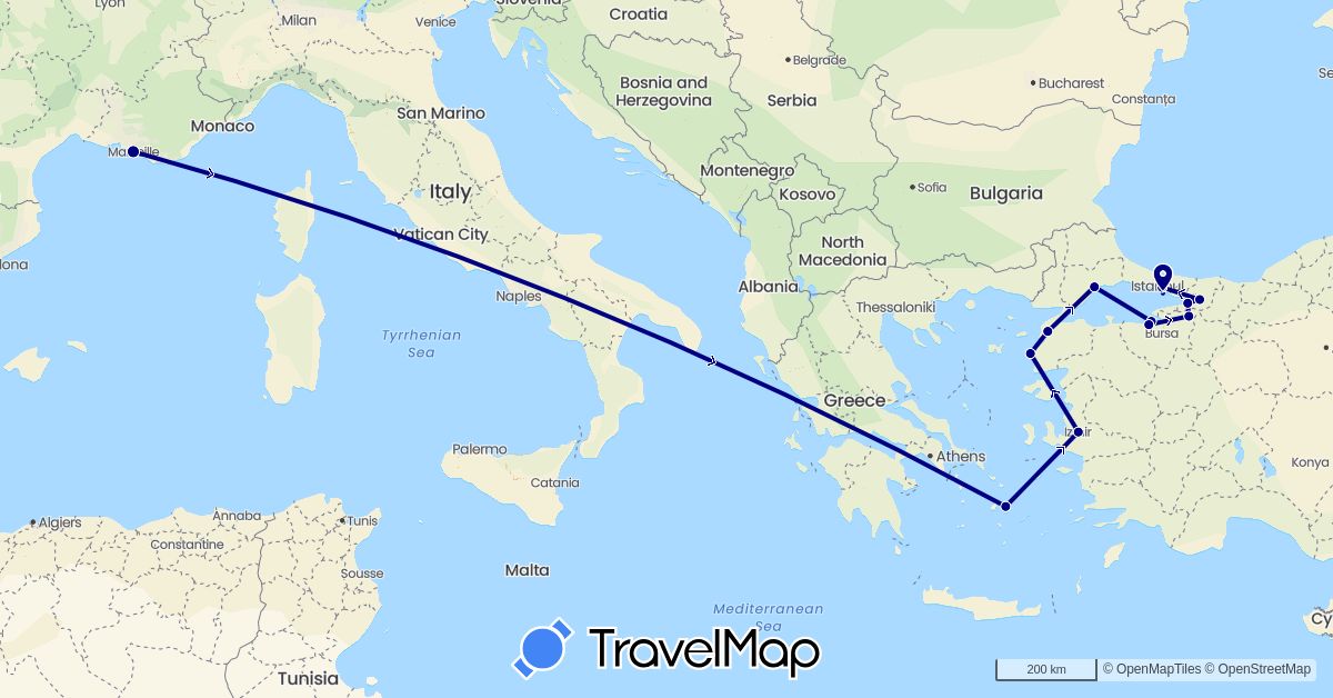 TravelMap itinerary: driving in France, Greece, Turkey (Asia, Europe)